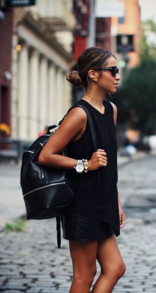 black mini shirt dress leather backpack