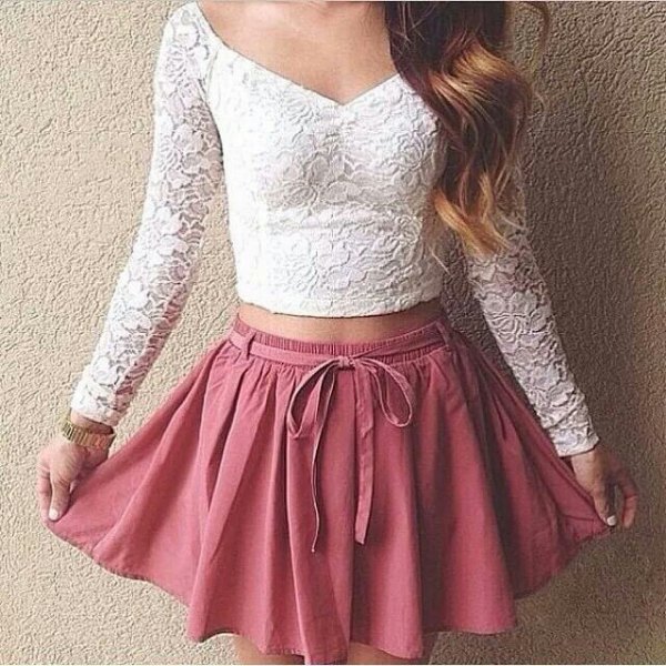 cropped lace top redness pink skater mini skirt