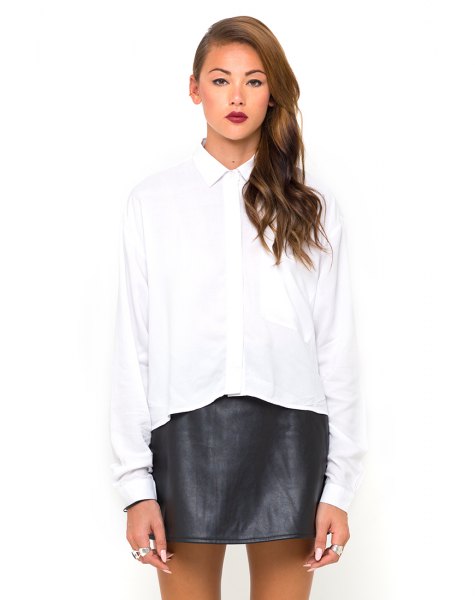 white batwing button up shirt black leather skirt