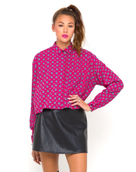 pink printed batwing shirt black leather mini skirt