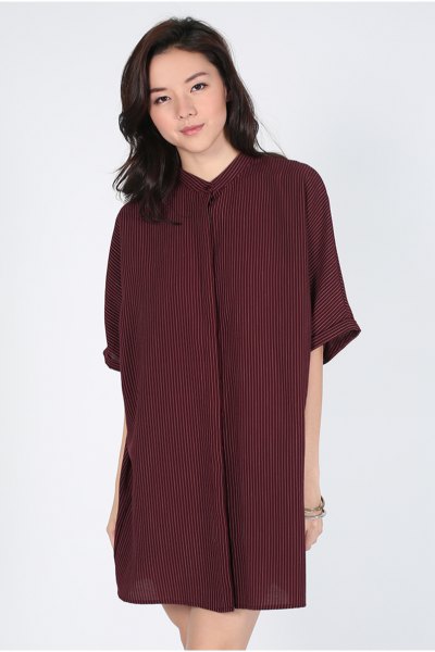 burgundy striped batwing shirt dress