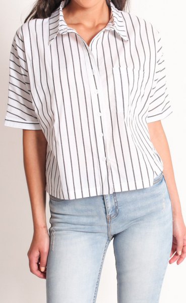 white batwing button up shirt narrow gray stripes