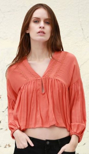 orange cropped puff sleeve v-neck blouse