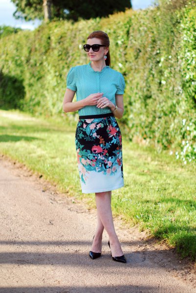 blue puffy blouse floral printed pencil skirt
