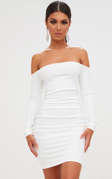 white from shoulder ruched bodycon dress