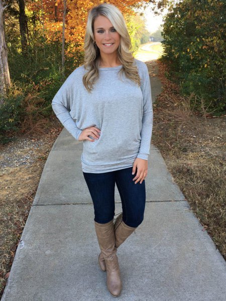 gray dolman sleeve boat neck sweater boots