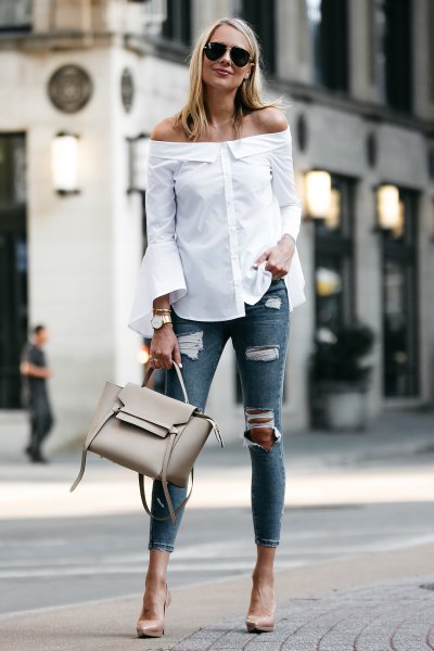 white from shoulder bell shirt