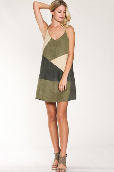 diagonal color block suede dress