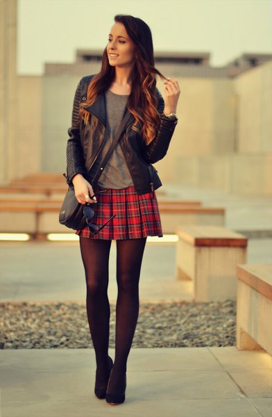 leather jacket black and red tartan skirt