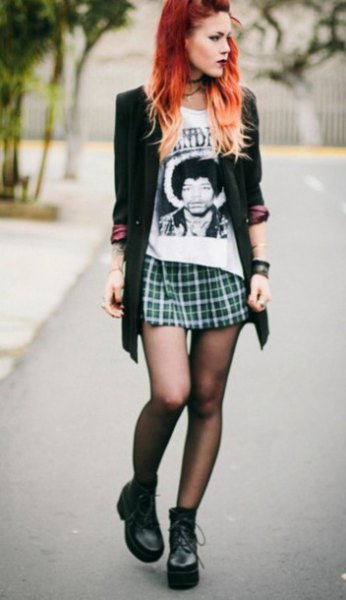 black blazer print tee mini skirt