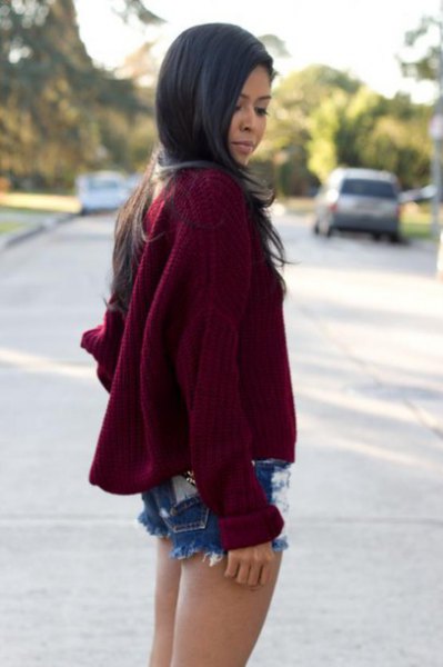 burgundy oversized knitted sweater ripped denim shorts