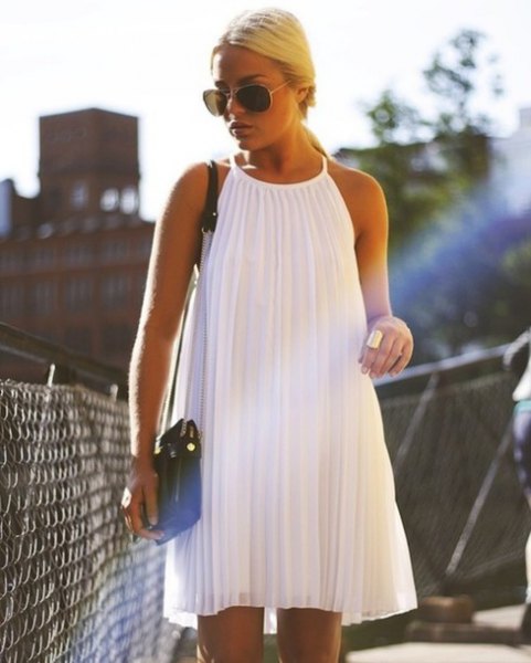 white halter pleated swing dress