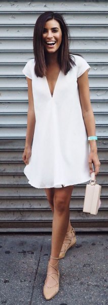 white cap sleeve deep v-neck swing dress