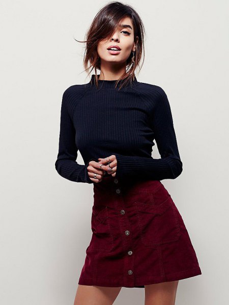 black mock neck shape matching sweater corduroy skirt