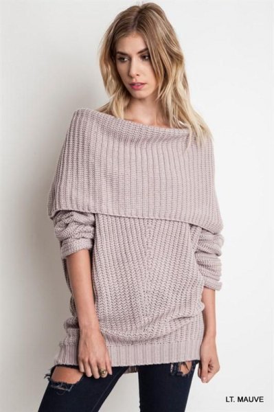 gray cove over shoulder ribbed sweater