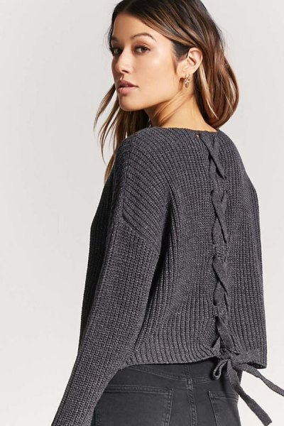 dark gray v-ribbed lace sweater