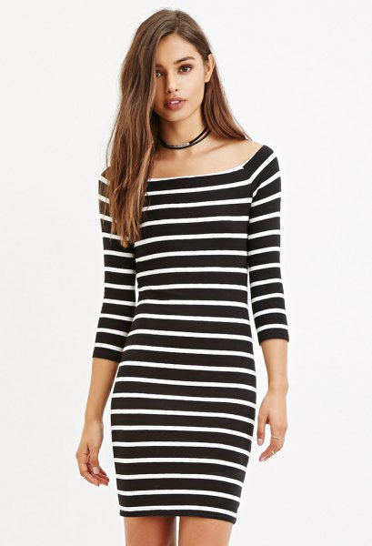 black and white striped bodycon dress with boat neck