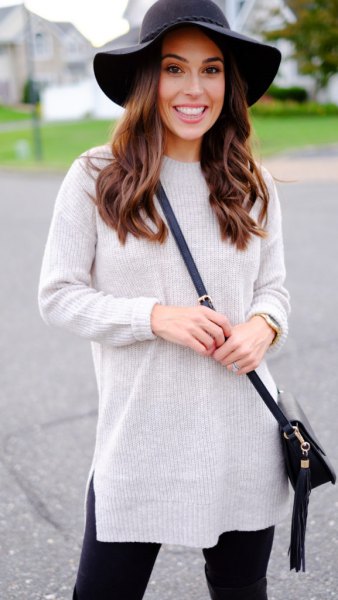 gray mock neck knitted sweater black floppy hat
