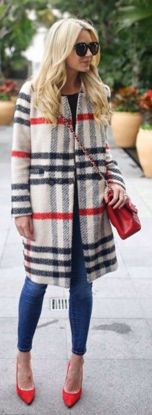 white and navy long wool coat