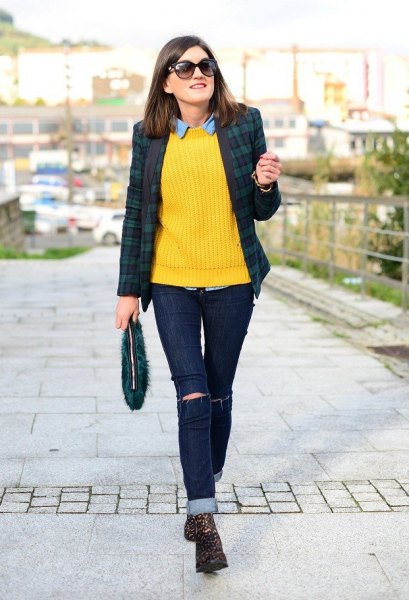 yellow knitted sweater checkered blazer