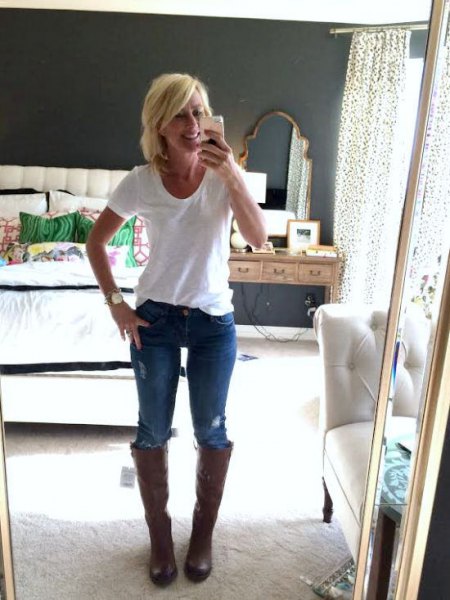 black wide calf boots white tee-blue jeans