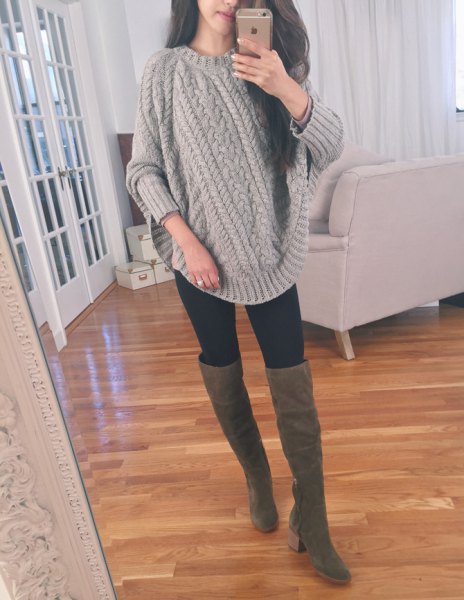 gray chunky cable knitted sweater thigh high boots