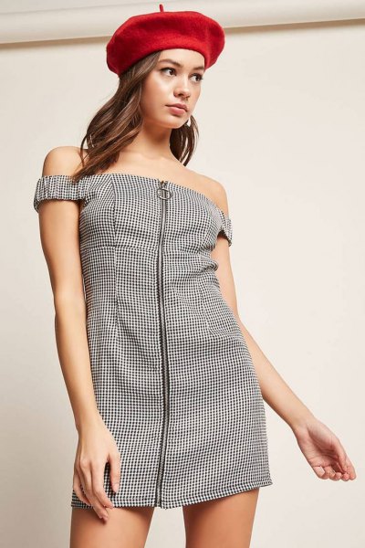 black and white plaid with shoulder zipper at the front
