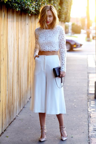white long sleeve crochet crop top wide leg cropped pants