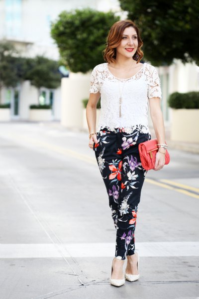 white crocheted black floral pants