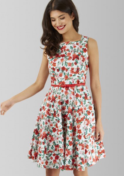 white and red floral skater dress