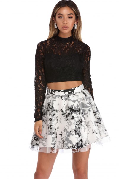 black long sleeve lace crop top floral skate skirt