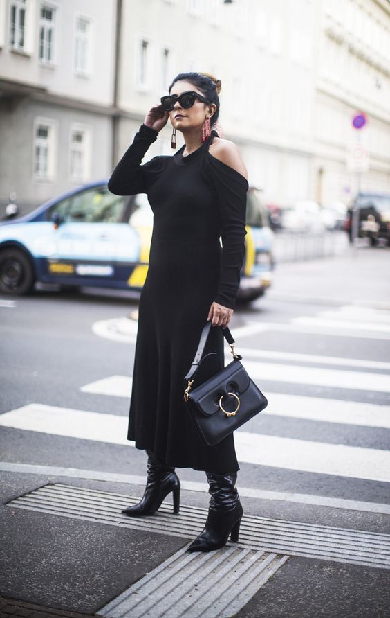 black knit dress cold shoulder