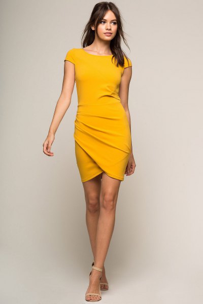 mustard cap sleeve bodycon wrap dress