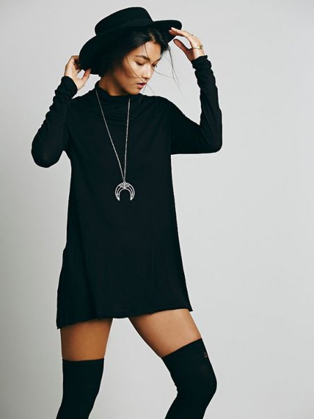 felt hat black knit sweater mock neck mini dress