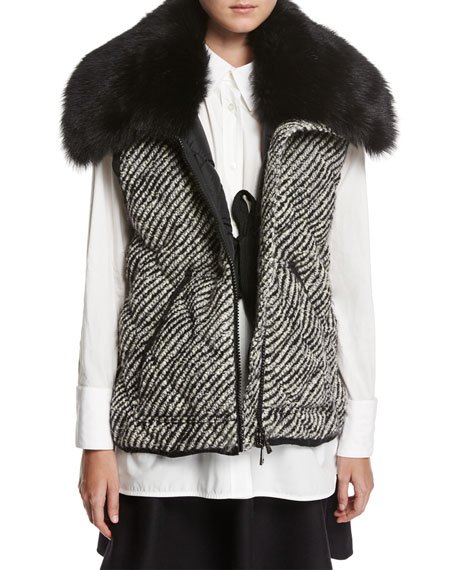 faux fur quilted tweed vest white blouse