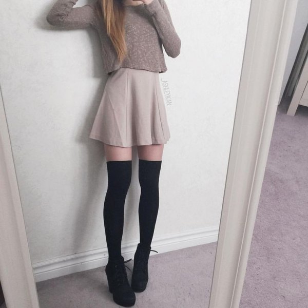 gray form fitting sweater mini skater skirt