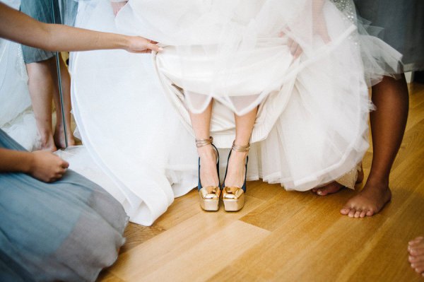 wedding dress gold ankle strap platform heels