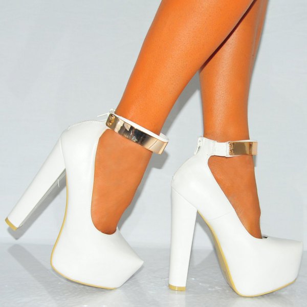 white platform heels gold ankle strap
