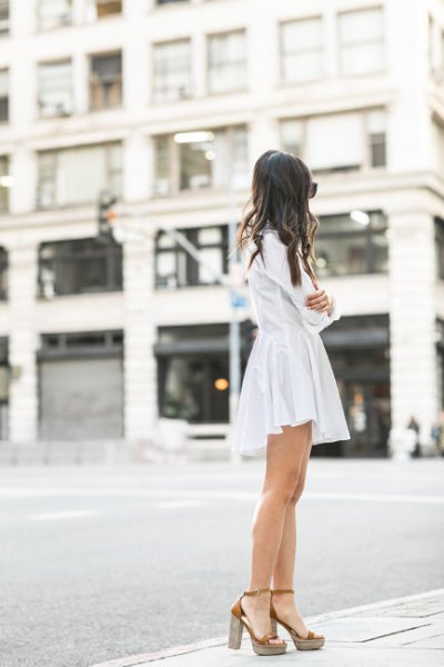 white shirt dress with gold platform heels