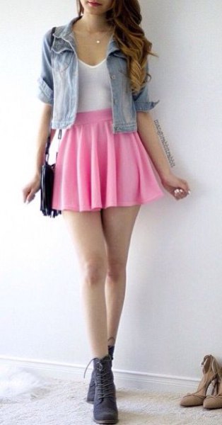 pink pleated tennis skirt short denim jacket