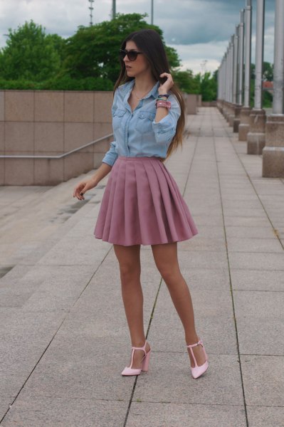 chambray shirt high waist pink pleated skirt