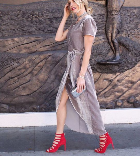 gray velvet wrap maxi dress red striped heels