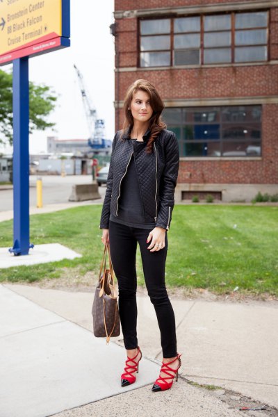 black leather jacket skinny jeans