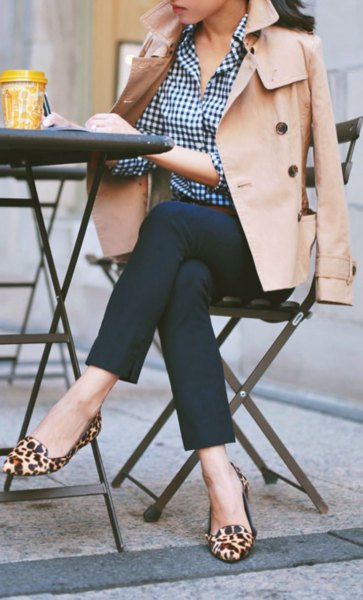 black and white plaid sweater beige trench coat