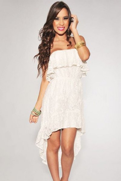 white ruffled strapless dress with high lace