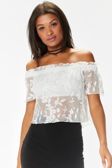 white from shoulder flowers in mesh top pencil skirt
