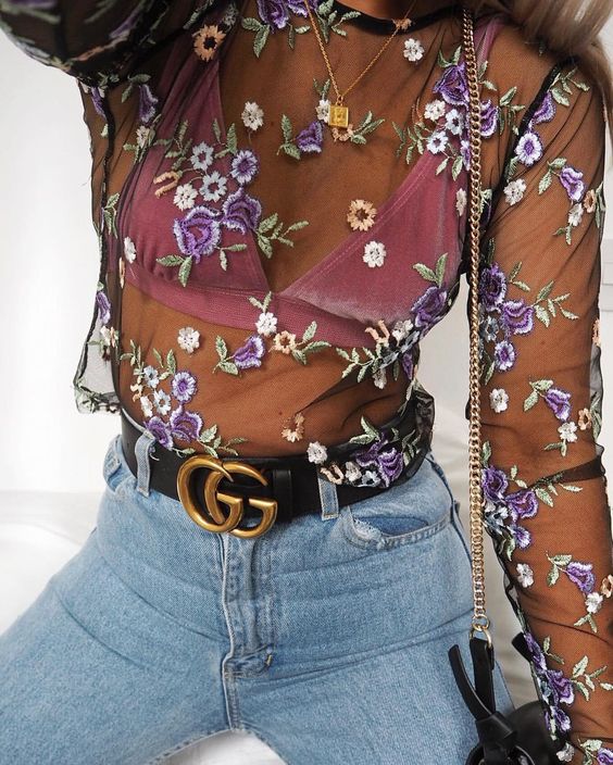 embroidered mesh top high waist jeans statement bag