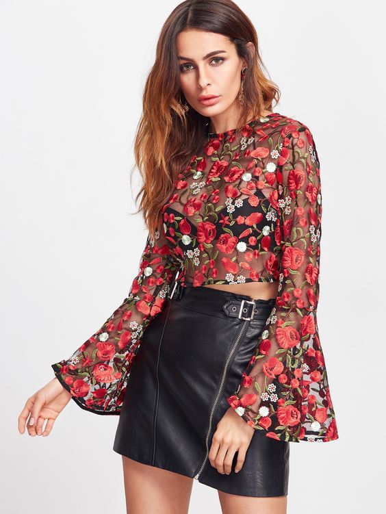 embroidered mini skirt in top leather