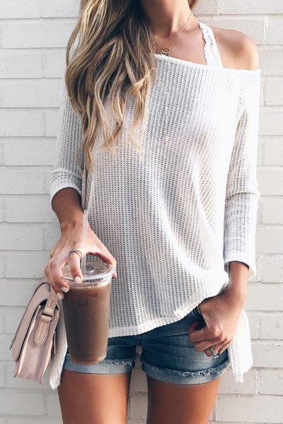 white drop shoulder knit sweater lace bralette