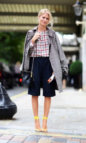 checkered blouse long tweed skirt